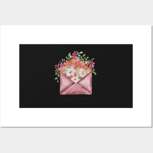 Colorful Floral Envelope Happy Birthday Greeting Card Posters and Art